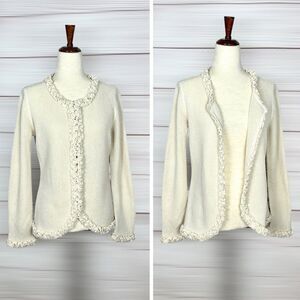 All Alpaca Ivory Cardigan Sweater Ruffle Details Hidden Button Closure M-L